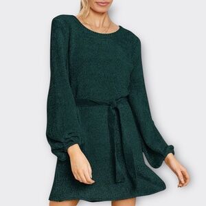 Chenille Sweater Mini Dress L Lantern Sleeve Emerald Green Cozy Boho Chic Y2K